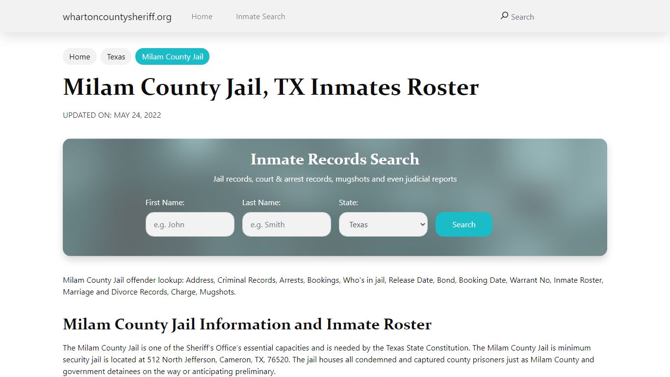 Milam County Jail, TX Jail Roster, Name Search